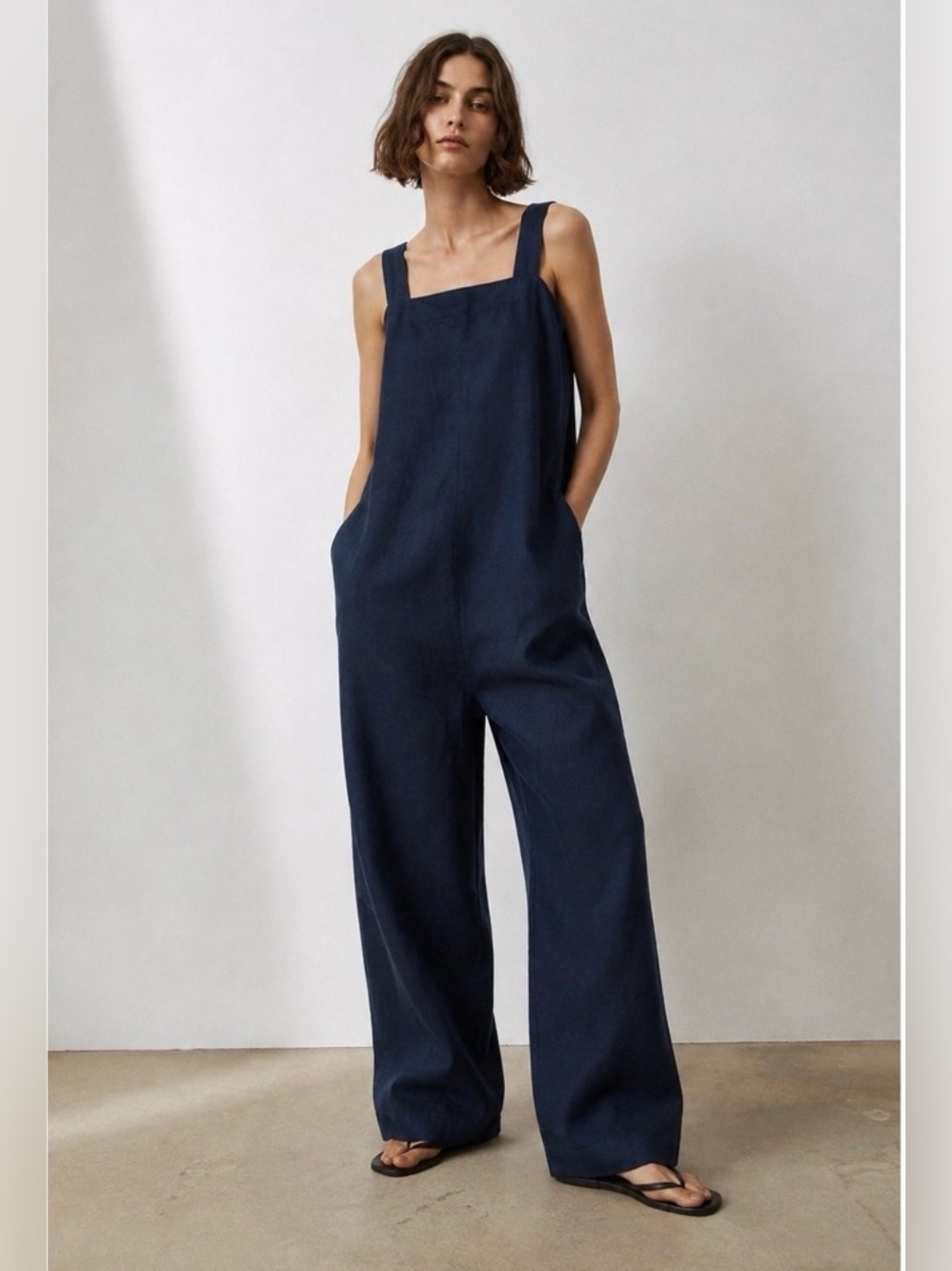 Quince 100% European Linen Square Neck Jumpsuit in Deep Navy